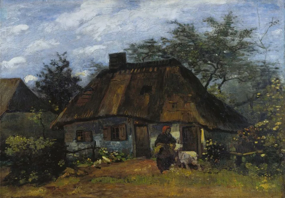 Cottage and figure with goat