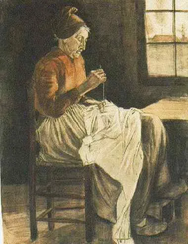 Old peasant woman mending a man's shirt