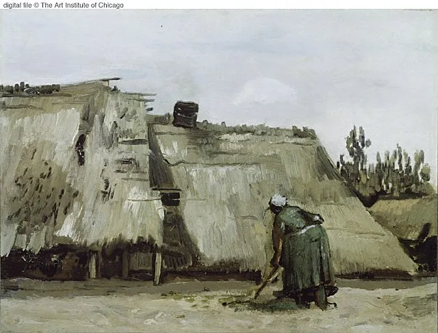 Peasant woman digging in front of her cottage