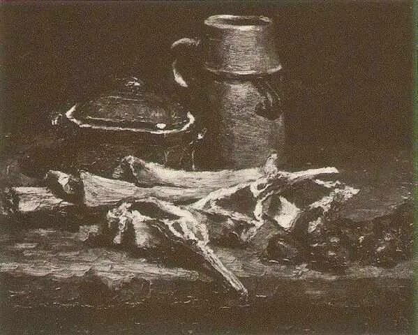 Still life: meat, celery and pots
