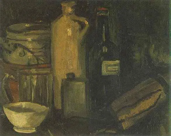 Still life with pottery, beerglass and bottles