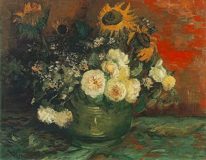 Still life: bowl with sunflowers and other flowers