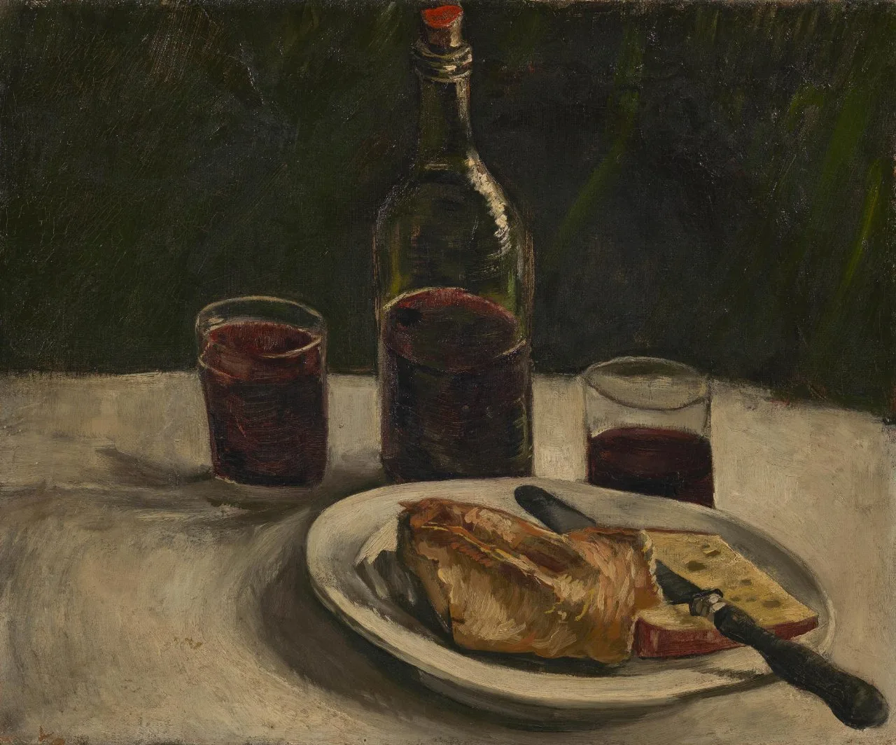 Still life: a bottle, two glasses and a plate of bread