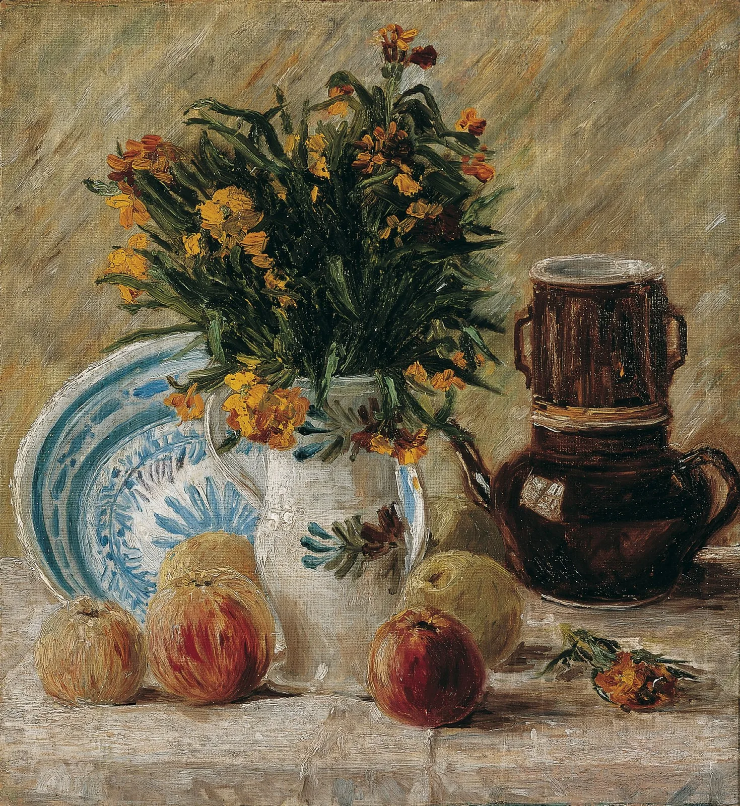 Still life: vase with flowers, coffeepot and fruit