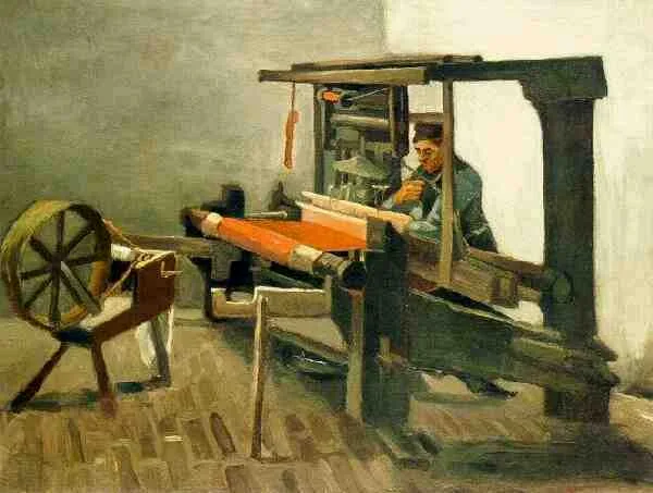Weaver with loom and spinning wheel