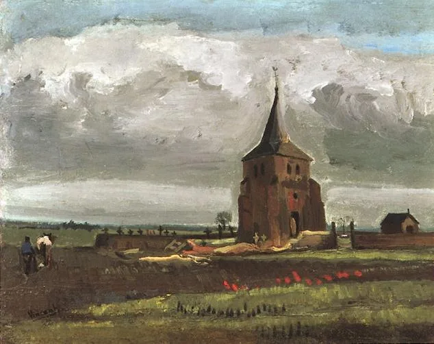 The old tower in the cemetery at Nuenen, with a plowman