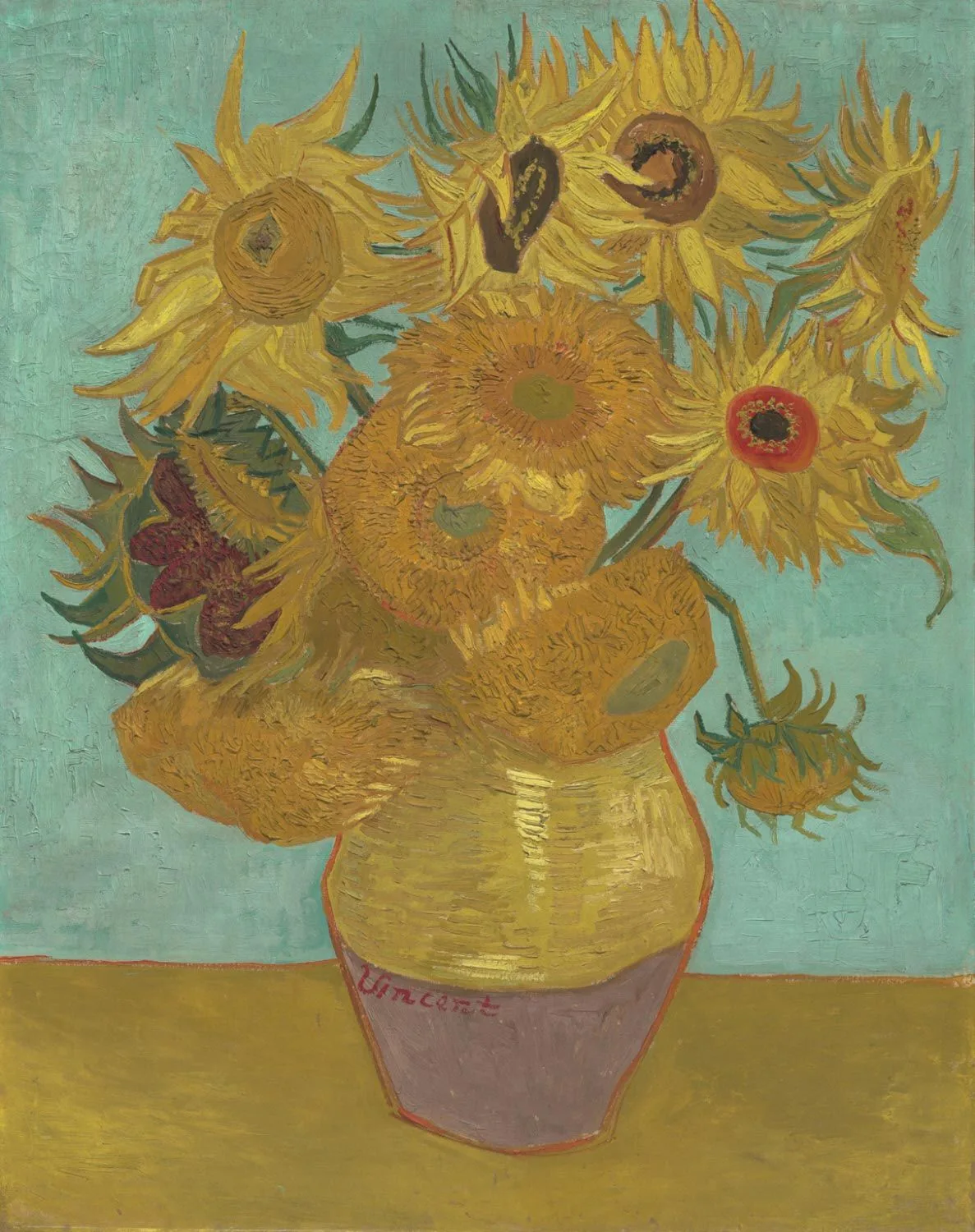 Still life: vase with twelve sunflowers