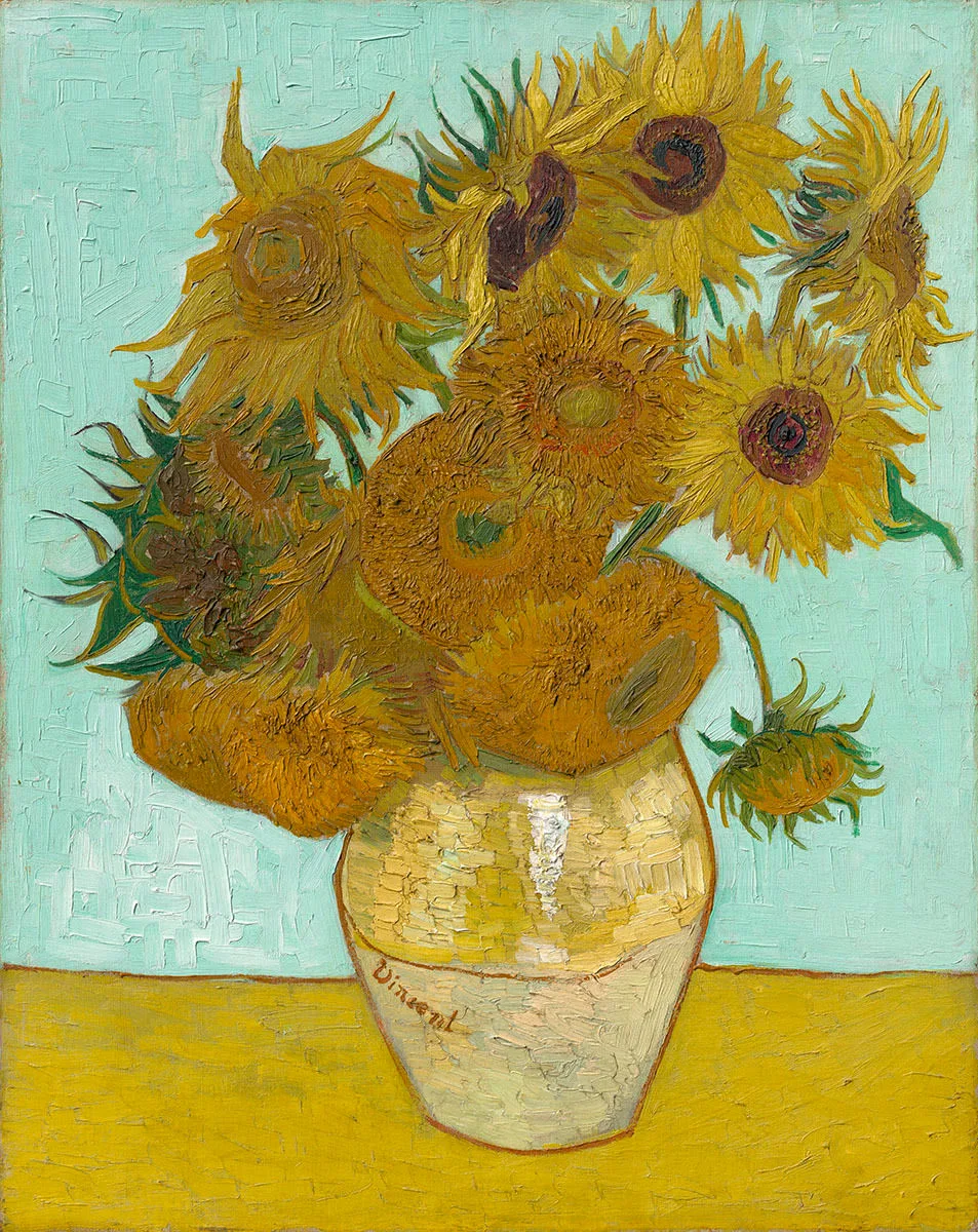 Still life: vase with twelve sunflowers