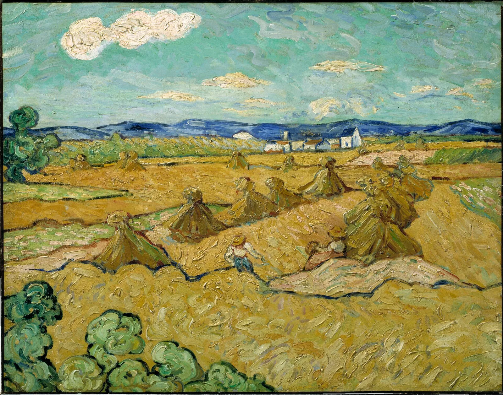 Wheat stacks with reaper and peasant woman