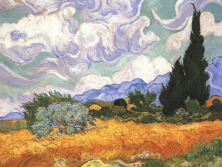 Wheatfield with cypresses