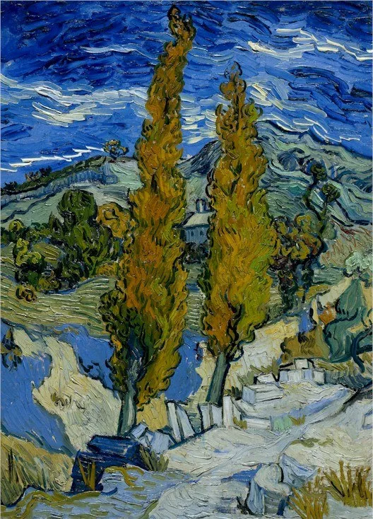 Two poplars on a road through the hills