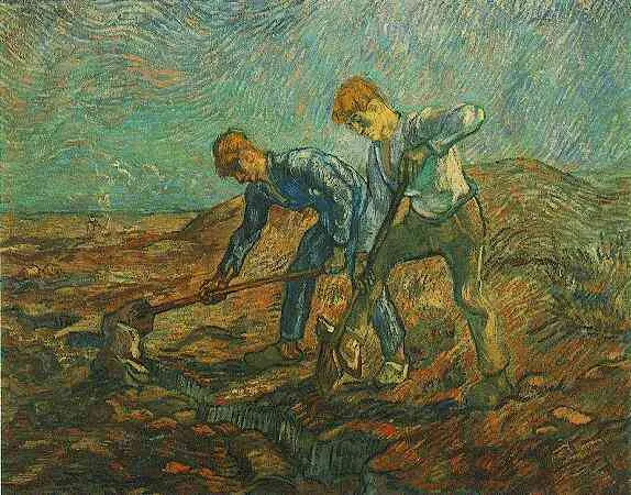 Two peasants digging [after a reproduction of a Millet etching: Delteil nr 13]