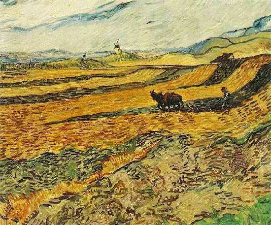 Landscape at Fontvieille, with plowman and mills in the background