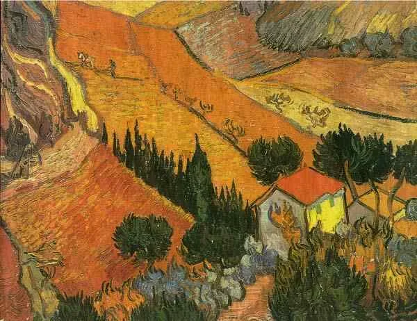 A spot of greenery: valley with plowman seen from above