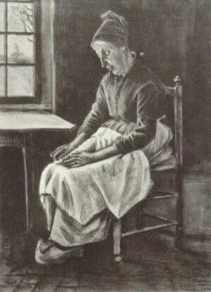 Interior with woman sewing: facing left