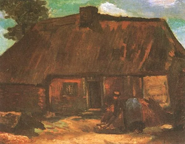 Cottage with peasant woman digging