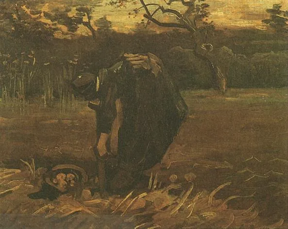 Peasant woman digging potatoes: left profile