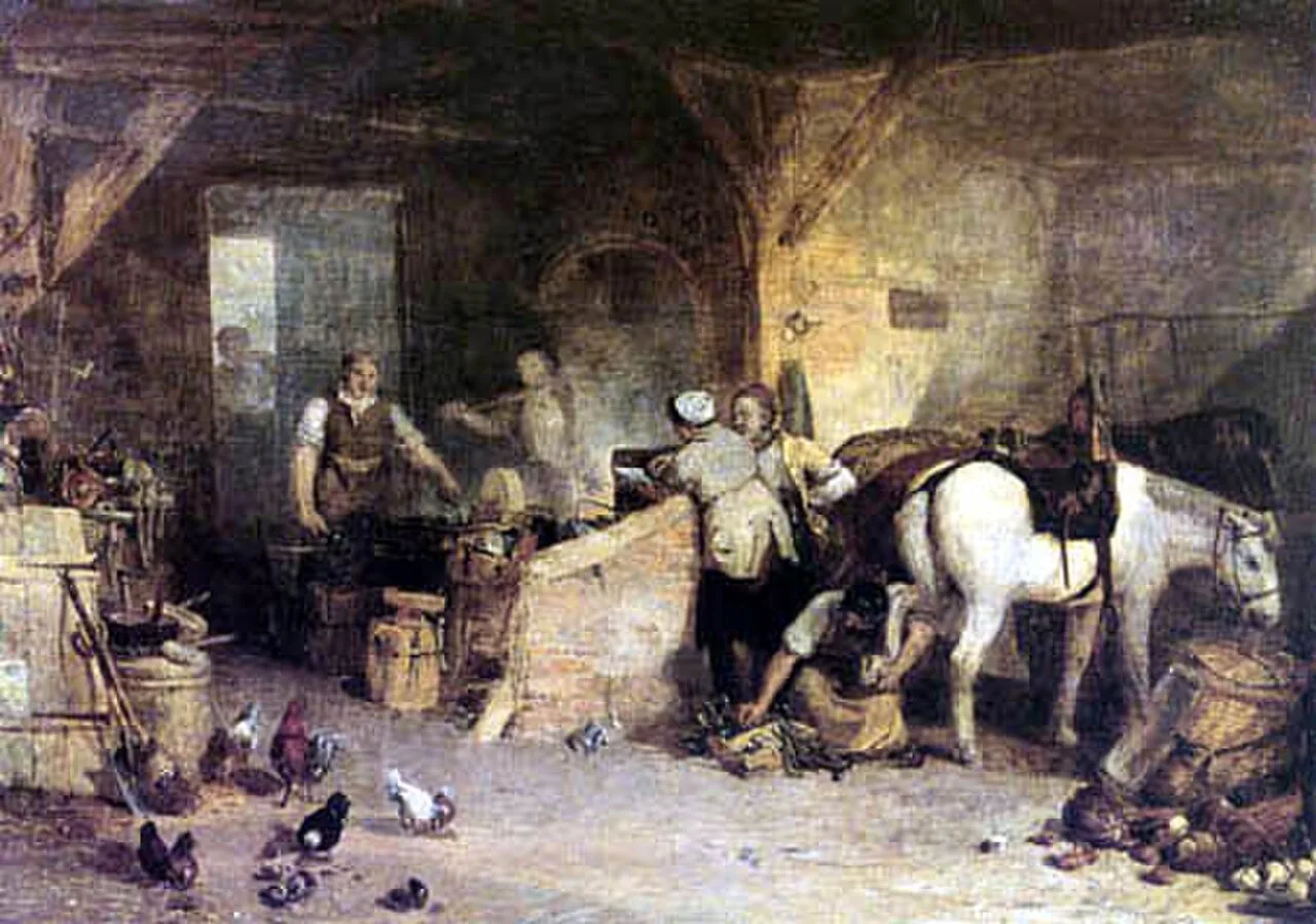 Depiction of blacksmith debating price of iron.