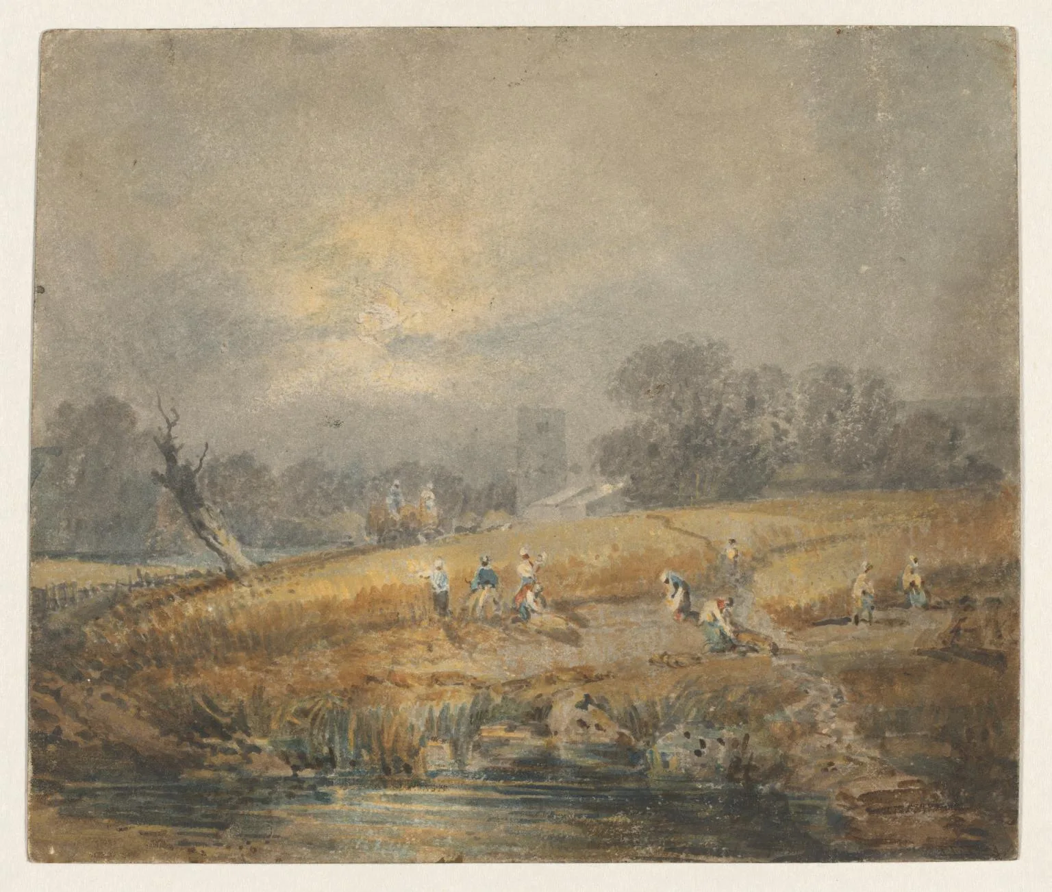 A Cornfield, with Reapers, and a Church Beyond; Misty Sun