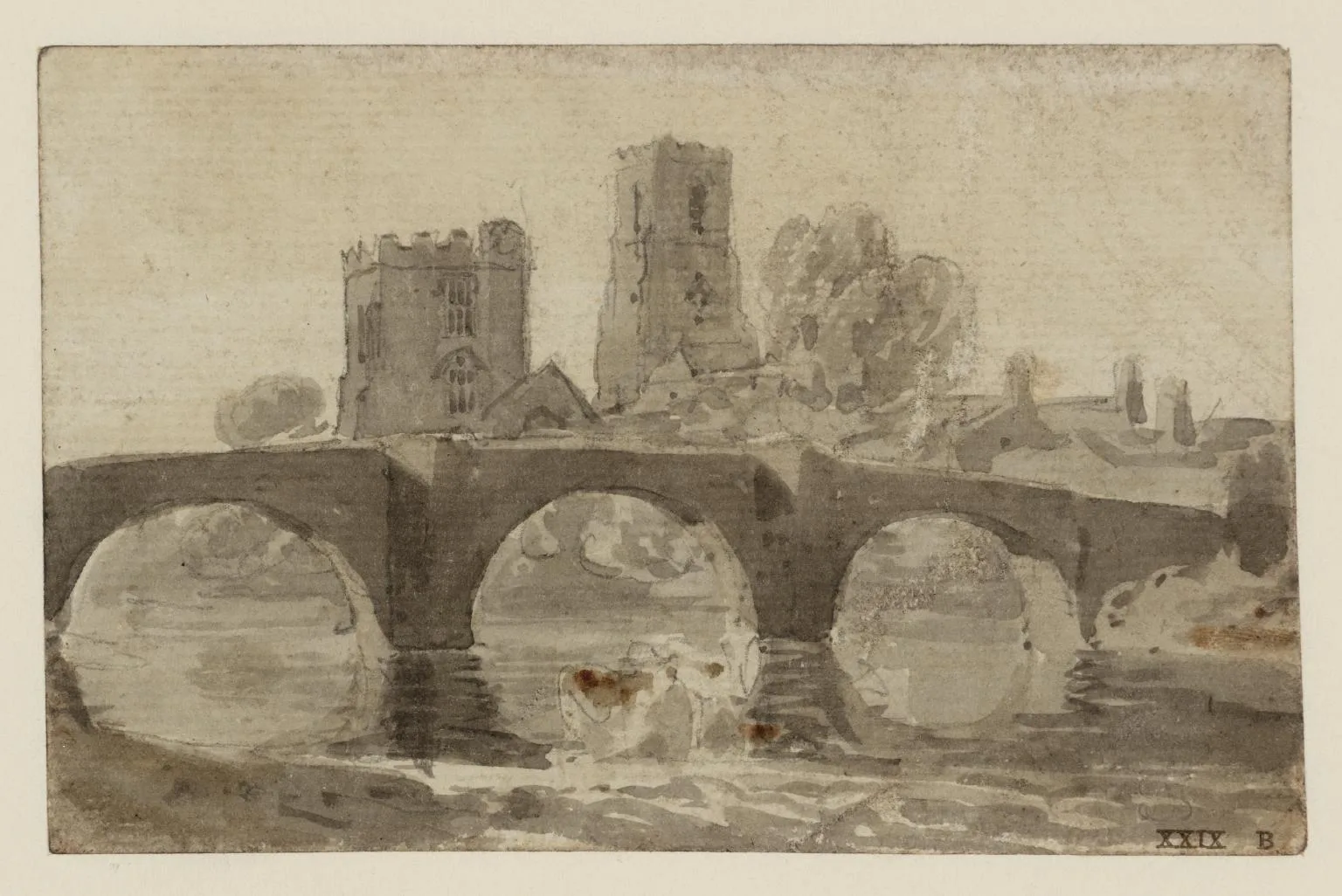 A Three-Arched Bridge with a Church Tower and Another Large Building Beyond