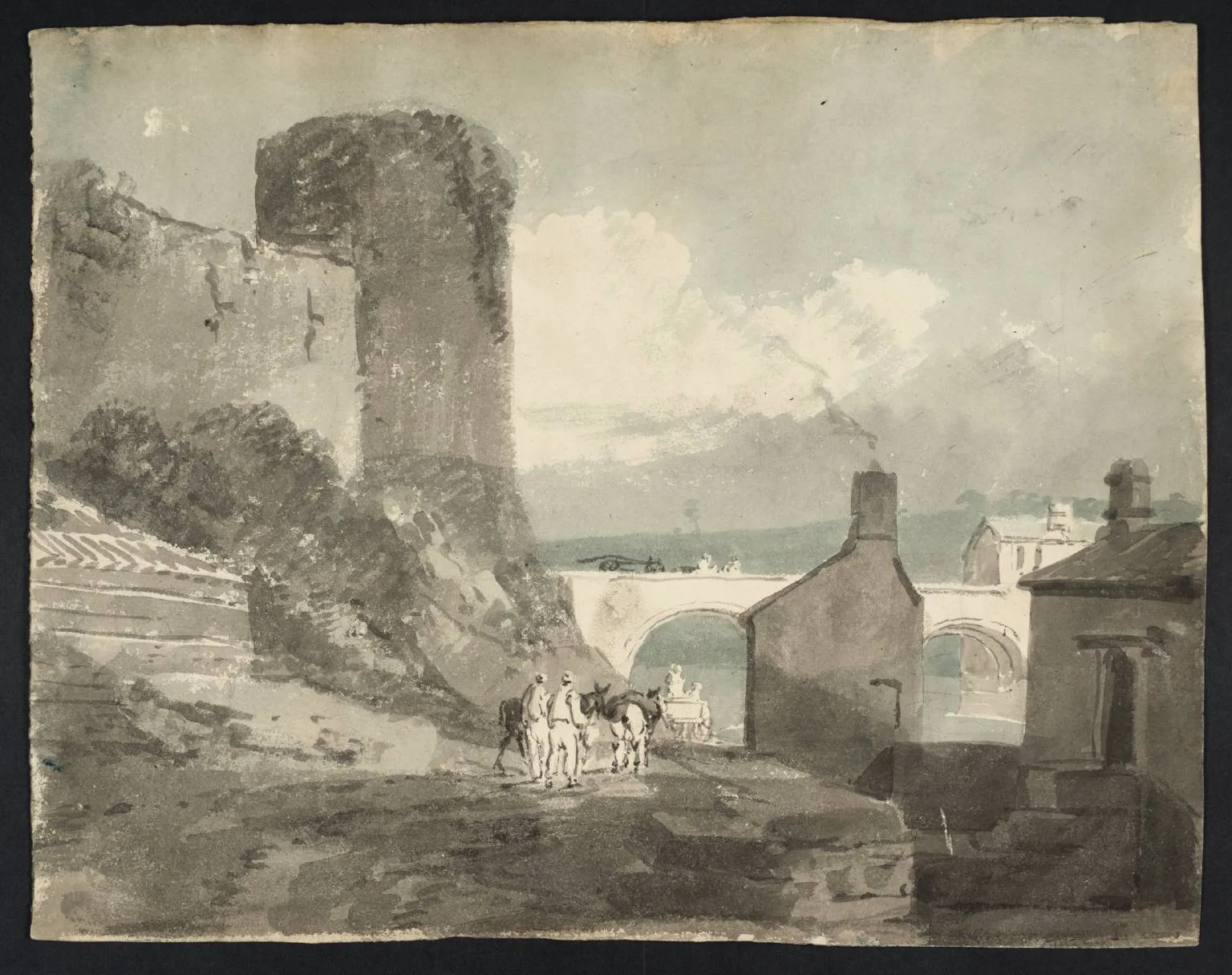 A Road with Houses and a Bridge over a River beneath the Walls of a Castle