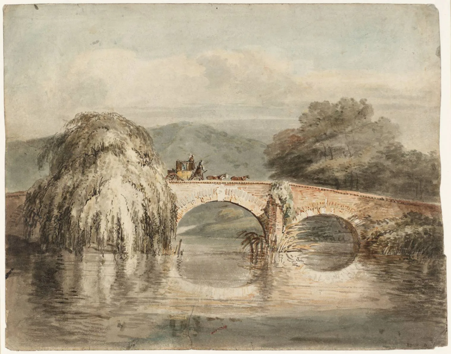 A Coach Crossing a Two-Arched Bridge, with a Weeping Willow