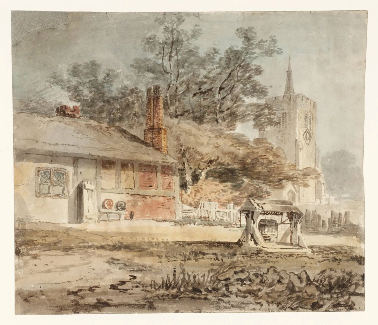 A Cottage with a Well near a Church