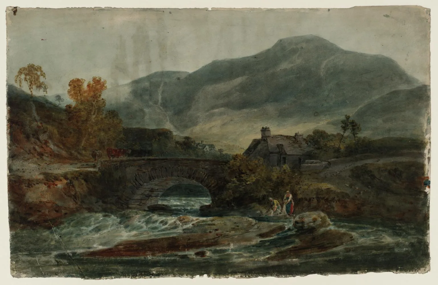 A Single-Arched Stone Bridge and a Cottage, with ?Aran Fawddwy Behind