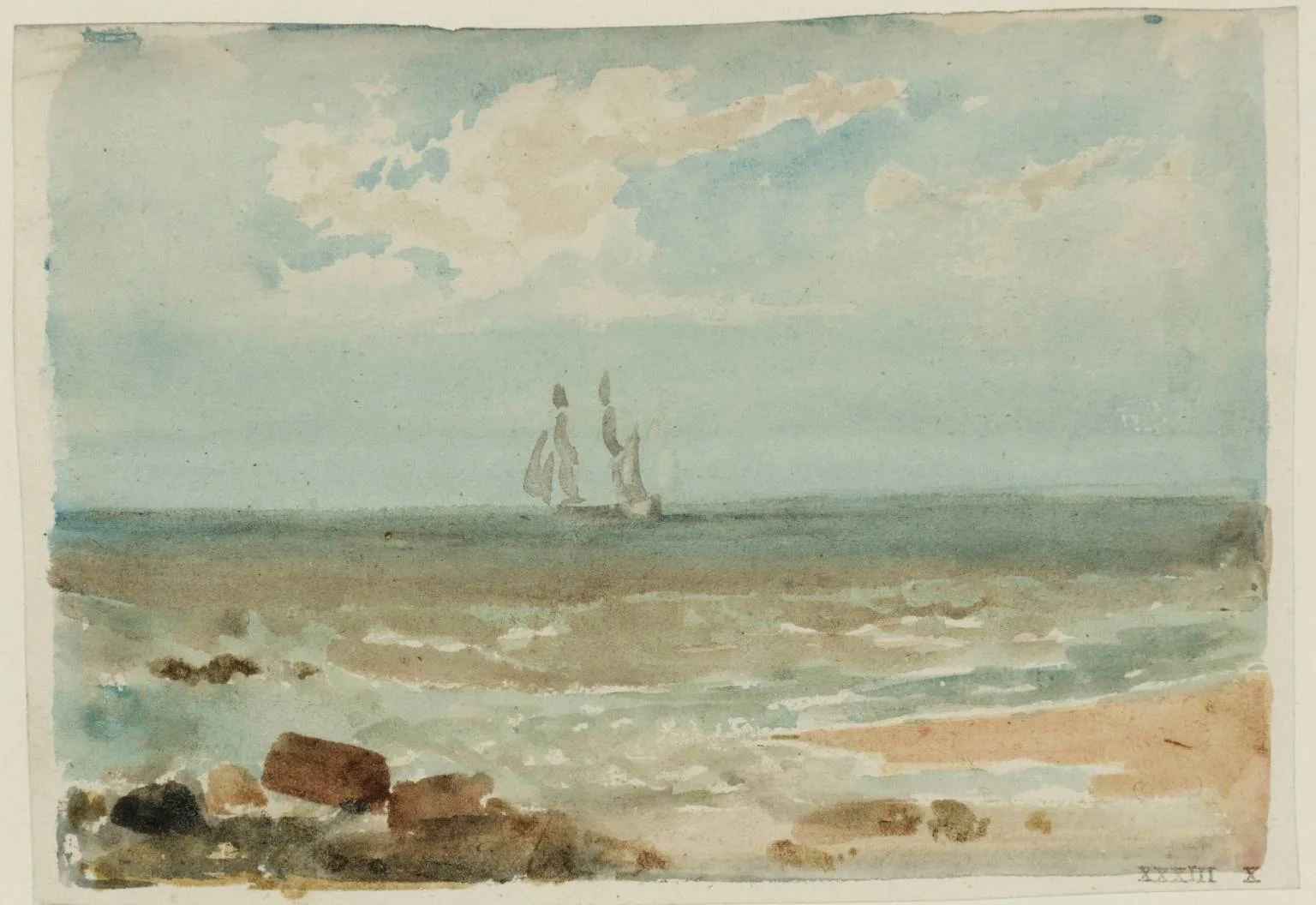 A Two-Masted Sailing Ship Seen from the Shore