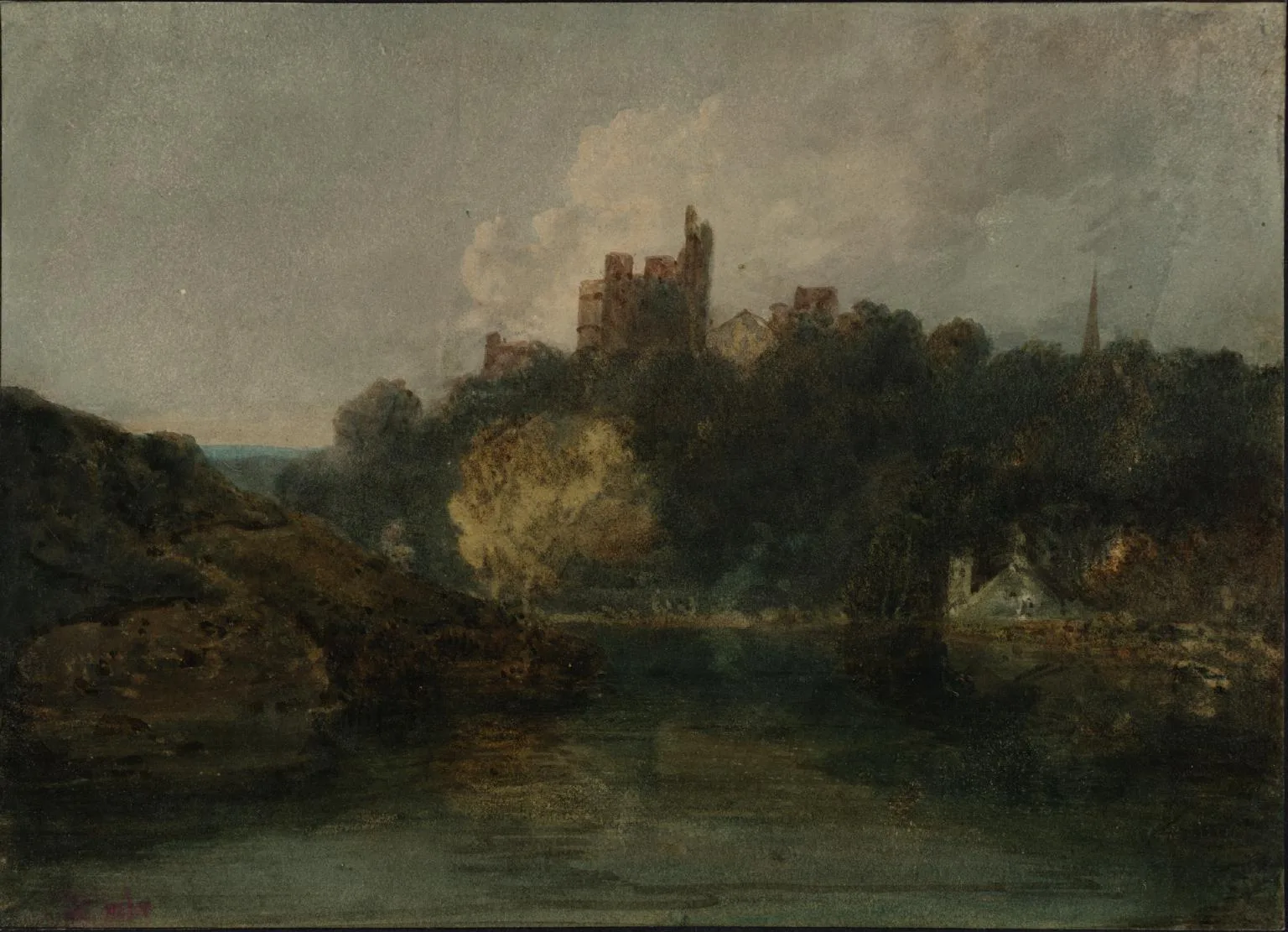 A Castle on a Wooded Bank beside a River; A Church Spire to the Right