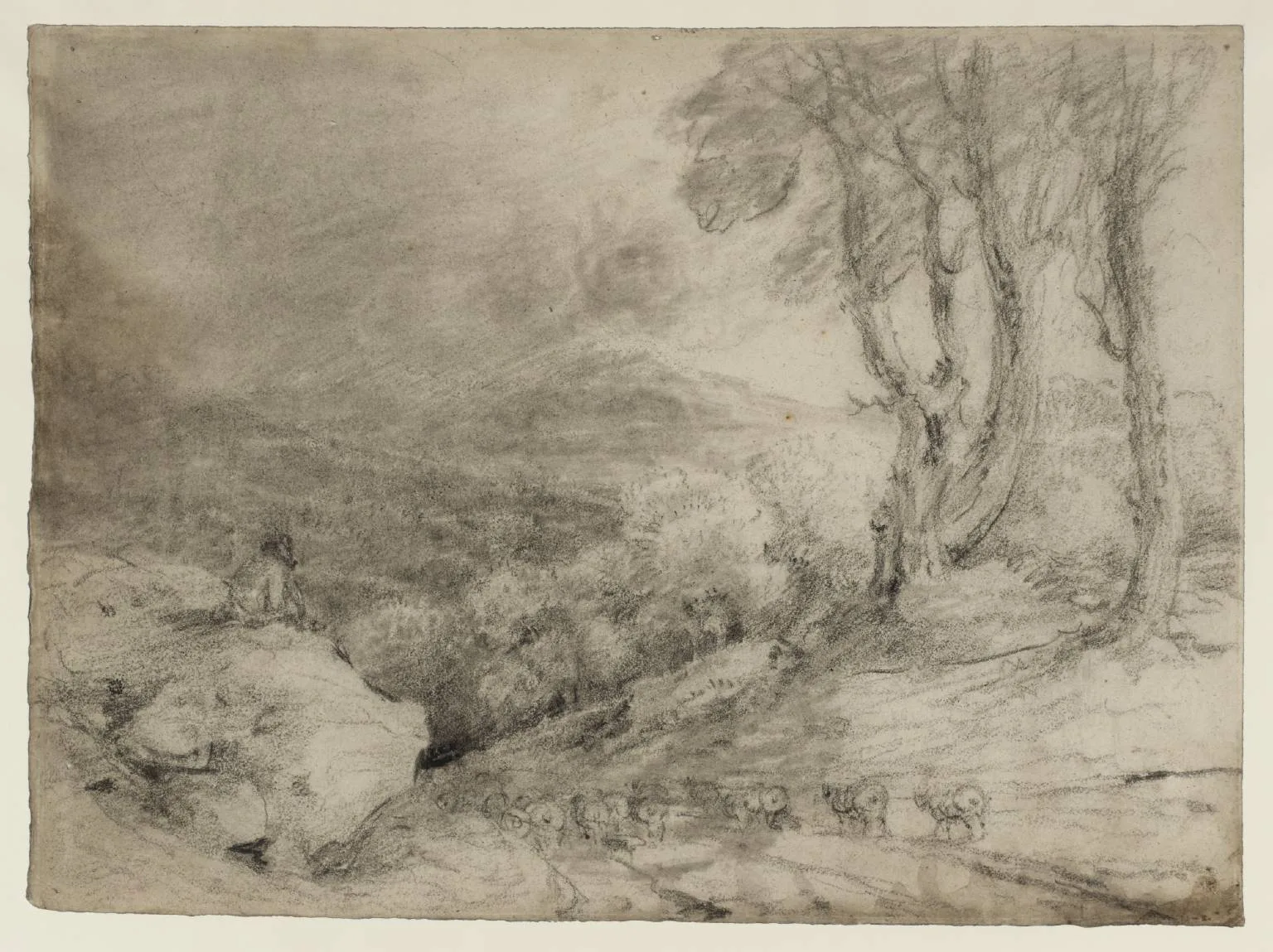 A Mountain Road with a Flock of Sheep and a Figure Seated on a Wall