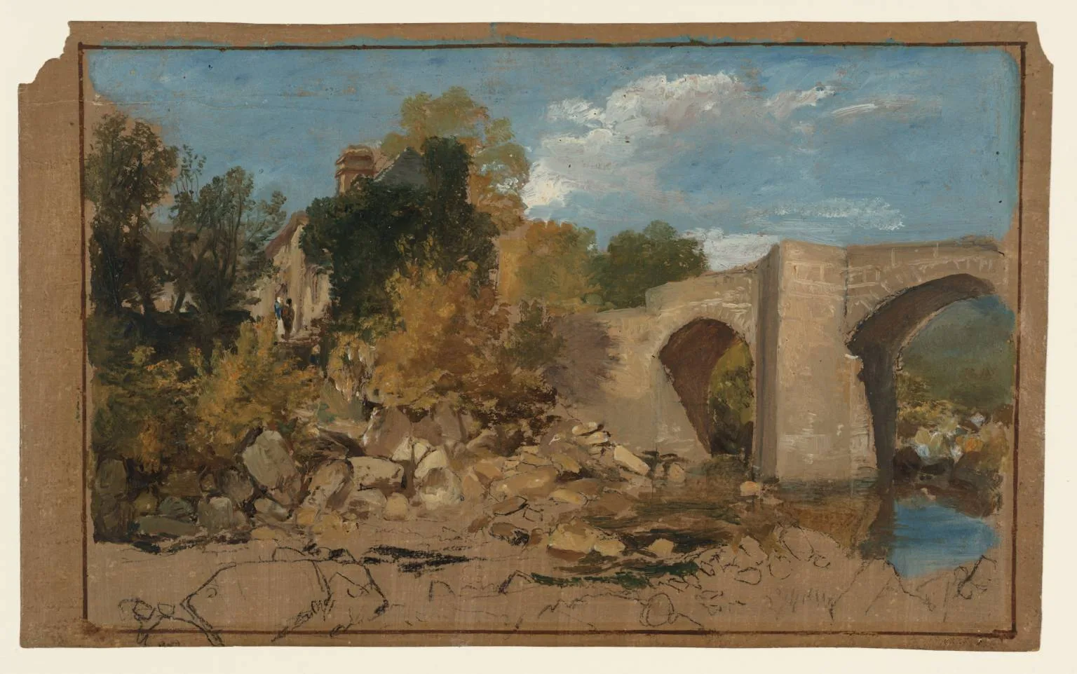 A Bridge with a Cottage and Trees Beyond