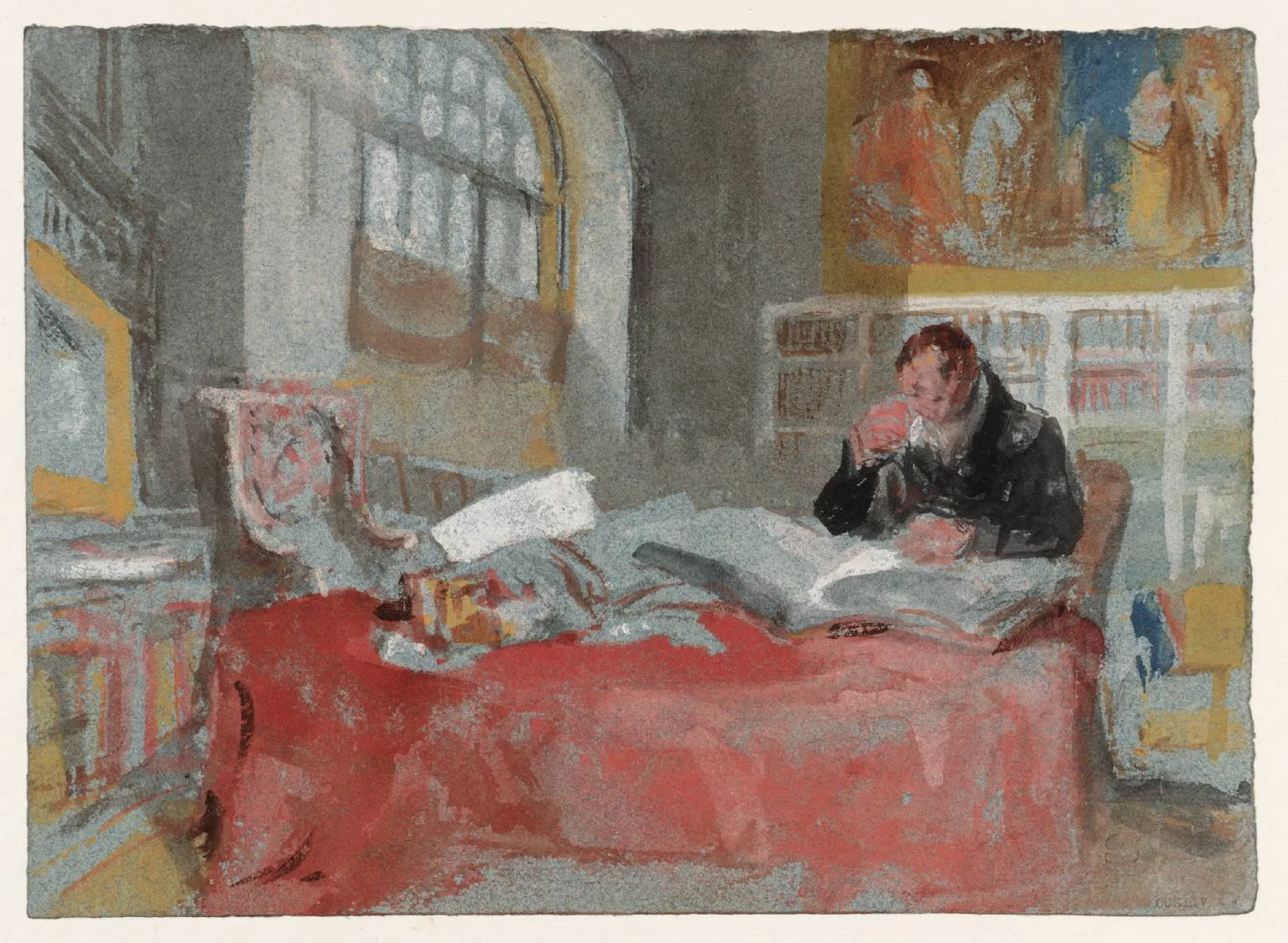 A Man Seated at a Table in the Old Library
