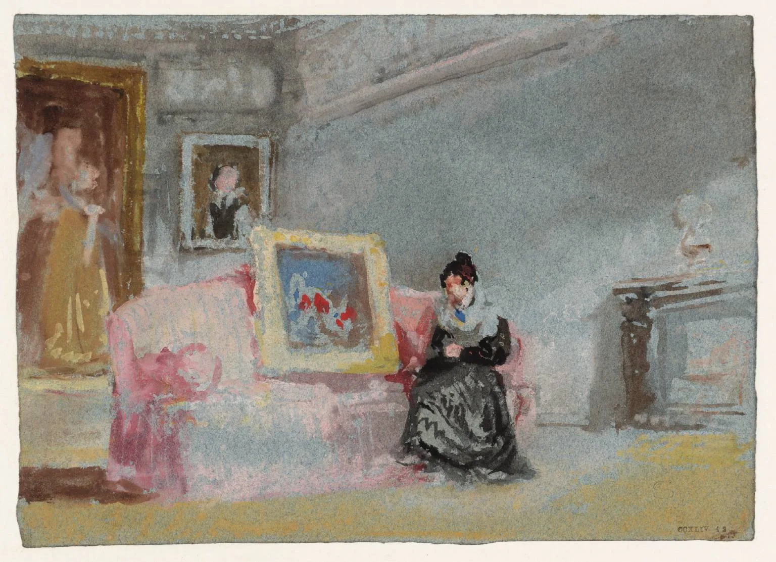 A Lady in a Black Silk Dress Seated on a Pink Sofa
