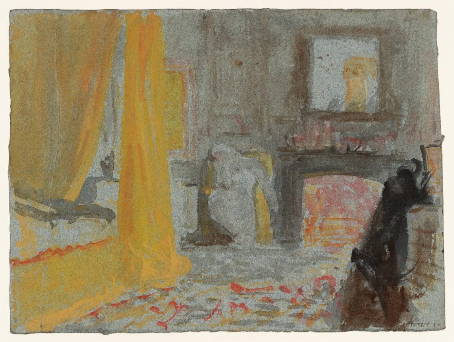 A Bedroom with a Fire Burning, and a Bed with Yellow Curtains