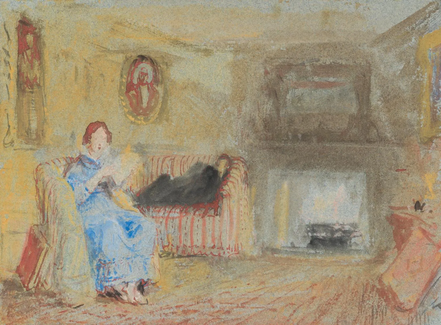 A Bedroom with a Fire Burning and a Woman Reading to a Man Lying on a Sofa